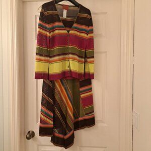 KENZO Jungle France Colorful Cardigan Asymmetric Skirt Slip Set Striped VTG S/M